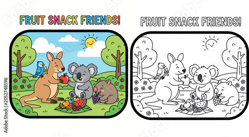 Photography Cute Cartoon Australian Animals Kangaroo Koala and Wombat Having a Fruit Picnic