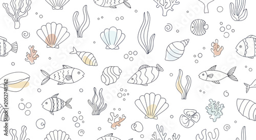 Quadro em tela Hand Drawn Underwater Sea Life Doodle Pattern.