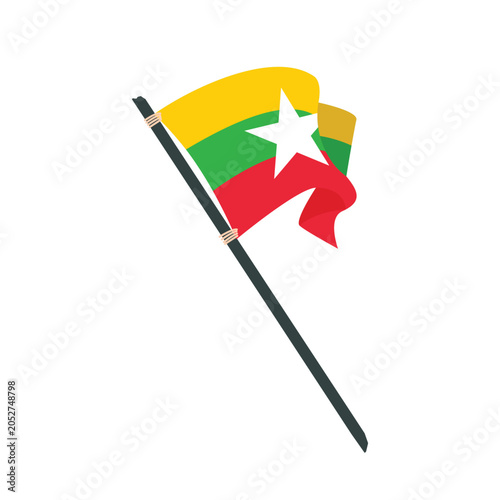 Myanmar National Flag on Pole Waving Isolated Flat Icon
