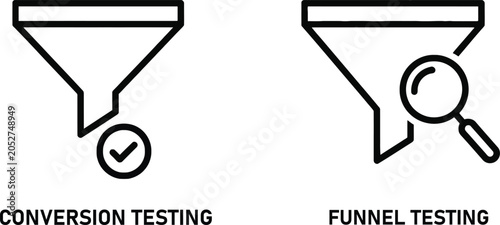 Marketing conversion and sales funnel testing line icons with conversion marketing analytics magnifying business optimization strategy internet