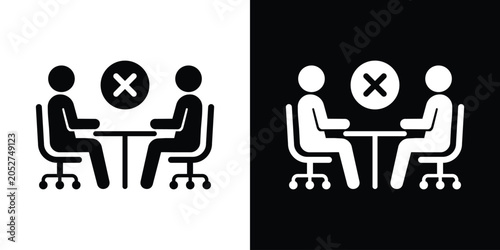 Foto Business rejection or failed job interview icon with two figures at a desk and a negative cross mark symbol