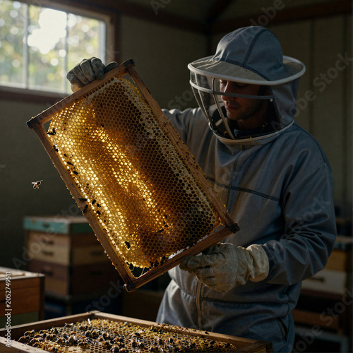 Beekeeper Inspecting Honeycomb Frame in Apiary