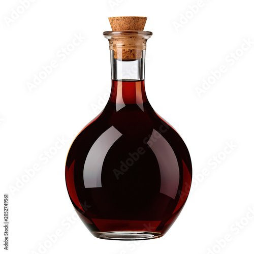 Glass bottle of balsamic vinegar isolated PNG vintage decanter with cork stopper on transparent background