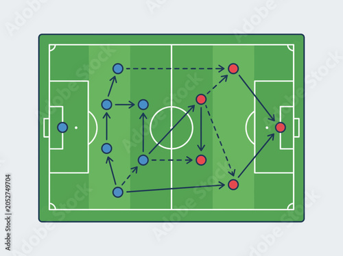 Detailed vector graphic illustration showing a tactical soccer field layout with blue and red player position markers connected by various directional arrows for strategic game planning