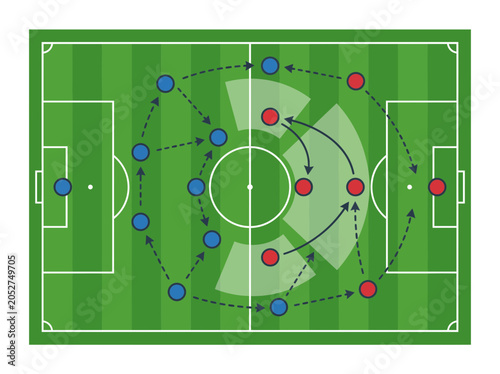 Detailed soccer strategy vector illustration showing a professional football pitch layout with red and blue team formation markers arrows and tactical movement patterns for game planning