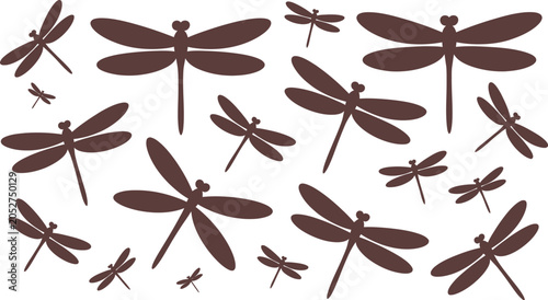 Set of brown dragonfly silhouettes flying in various sizes isolated on a white background perfect for summer pattern designs.
