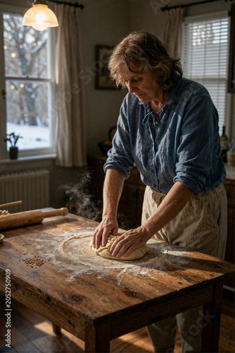 Woman Kneading Dough in a Cozy Kitchen