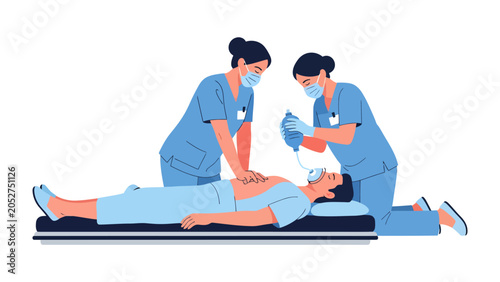Tableau sur toile Medical Emergency Response: Two nurses perform CPR and administer oxygen to a patient lying on a medical table, illustrating a critical medical intervention and the importance of emergency care