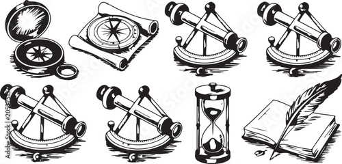 Compass scroll astrolabe sextant hourglass and quill pen with book maritime navigation.