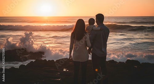 Family standing on rocks at ocean sunset