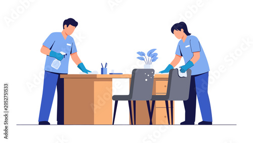 Bilde på lerret Office Cleaning Crew: Two uniformed cleaning professionals meticulously sanitize an office desk and chairs, maintaining a pristine work environment