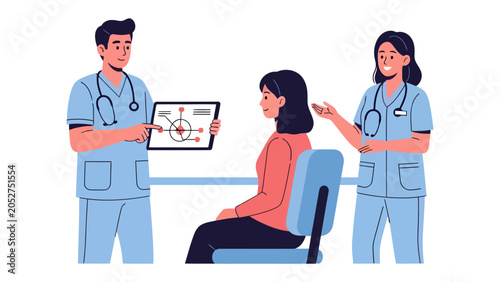 Fotografía Medical Consultation Scene: A doctor and nurse explain medical information on a tablet to a seated patient, illustrating a healthcare consultation
