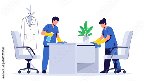 Foto Office Cleaning Crew: A professional cleaning team meticulously sanitizes an office environment, ensuring a hygienic workspace with their diligent efforts