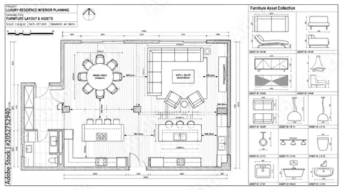 Fotografía Detailed architectural floor plan with furniture and lighting specifications for