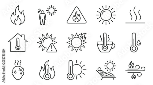 Quadro em tela set of hot temperature icons, fire, heat, sun