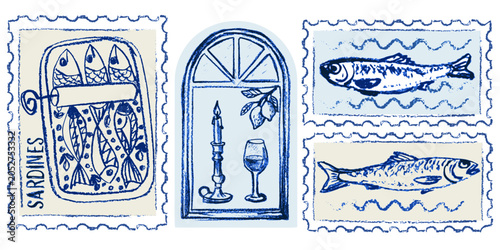 Hand drawn Amalfi coast postage stamp collection with sardines fish wine and lemon