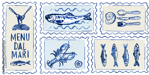 Hand drawn Amalfi coast postage stamp collection with seafood pasta and sardines