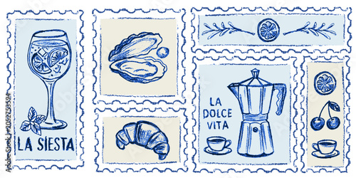 Hand drawn Amalfi coast postage stamps with coffee oyster cocktail and pastry