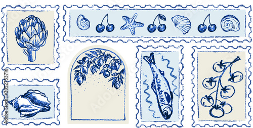 Hand drawn Amalfi coast postage stamp collection with fish lemon artichoke and seashell