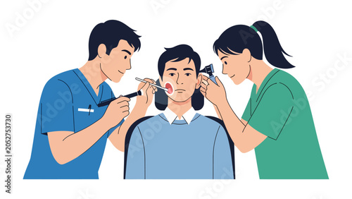 Photography Medical Examination: Two medical professionals examine a patient's ear and cheek, demonstrating attentive healthcare and diagnostic procedures in a professional setting