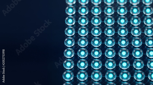 Advanced Technology Concept with Rows of Glowing Blue LED Light Glass Spheres and Copy Space