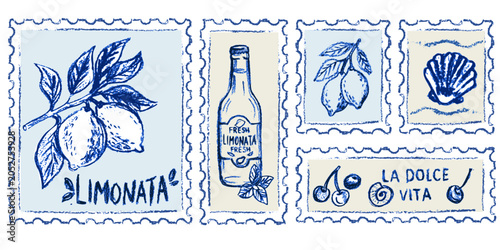 Amalfi lemon postage stamp collection with limonata bottle cherries and seashell