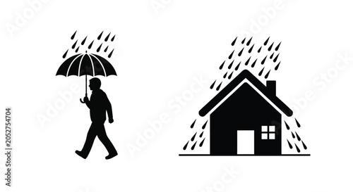 Person With Umbrella And House In Rain Black Silhouette pedestrian