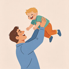 Happy father lifting his smiling toddler son in the air, flat vector illustration of father's day concept.