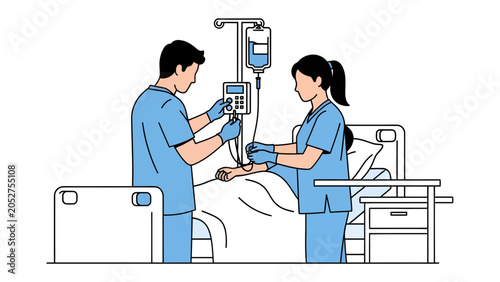 Foto Medical Care in Hospital: Two medical professionals in scrubs administer an intravenous drip to a patient lying in a hospital bed, illustrating dedicated healthcare service and attentive patient care