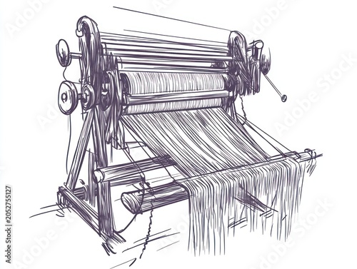 Illustration of a traditional wooden weaving loom, capturing its intricate mechanics and structure