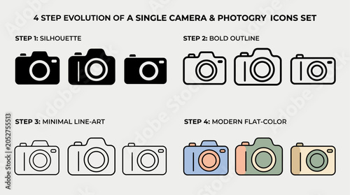 Fotografija a graphic design tutorial showcasing a four-step evolution of a camera vector