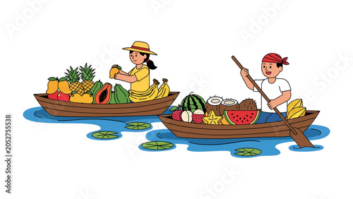 Bild auf Leinwand Floating Market Vendors: Two vendors, a woman with a hat and a man with a bandana, sell a vibrant assortment of fresh fruits from their wooden boats on a calm body of water