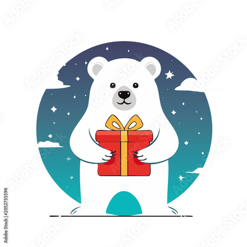 Polar bear holding a gift box