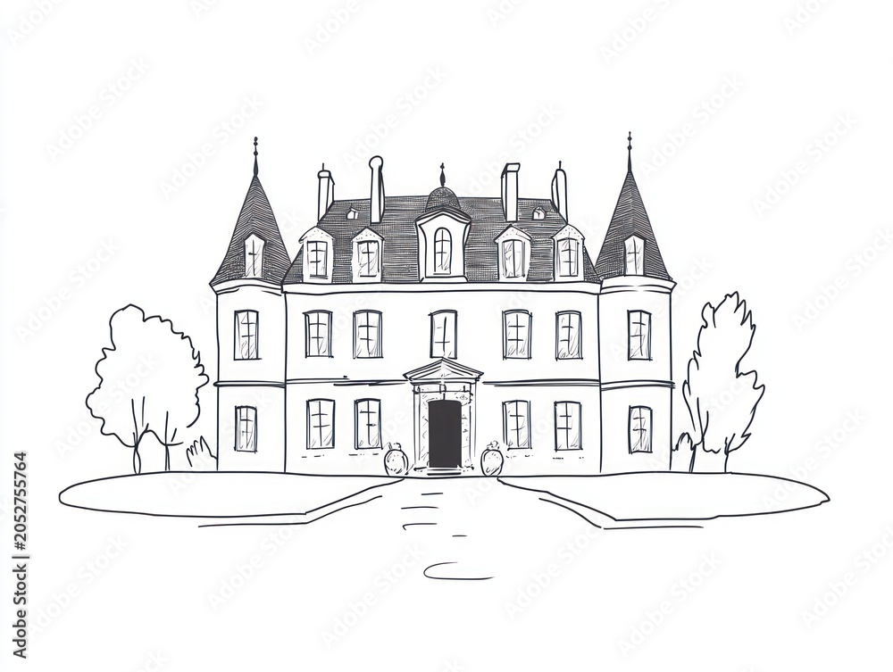 Fototapeta premium Elegant ink drawing depicting a classical European mansion, featuring multiple windows, towers, and trees