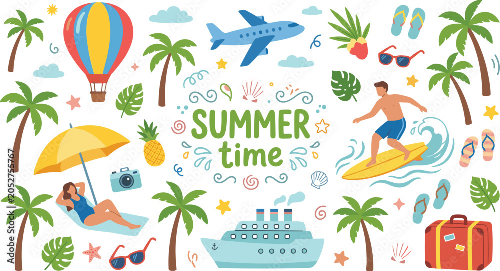 Obraz premium Summer time beach vacation doodle set with people surfing sunbathing cruise ship airplane and palm trees vector