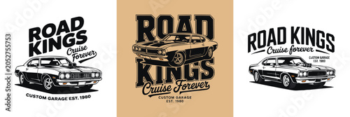 Vintage muscle car emblems with bold typography and classic illustration style