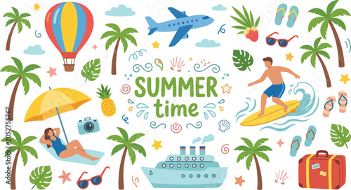 Fotografie Summer time beach vacation doodle set with people surfing sunbathing cruise ship
