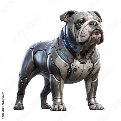 Futuristic robotic bulldog with metallic armor plating and blue LED lights, cyberpunk mechanical cyber dog character on white background