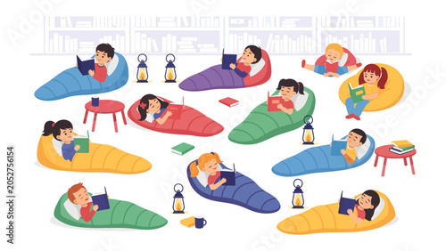 Obraz na plátně Children's Sleepover Reading Party: A delightful scene of diverse children enjoying a cozy sleepover, engrossed in books amidst sleeping bags and lanterns, fostering imagination and love for reading