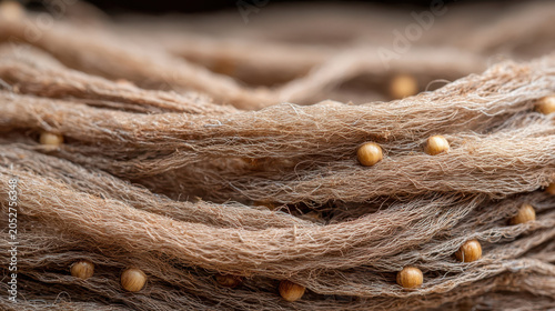 Close-up of multilayer fishing net with wooden floats, rustic sea texture, fishing tackle and coastal background