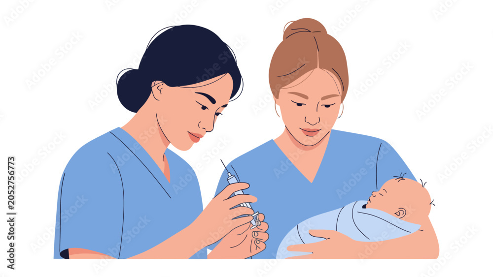 Obraz premium Medical Care for Infant: A healthcare professional prepares a syringe while another holds a swaddled infant, illustrating attentive medical care and well-being for newborns.