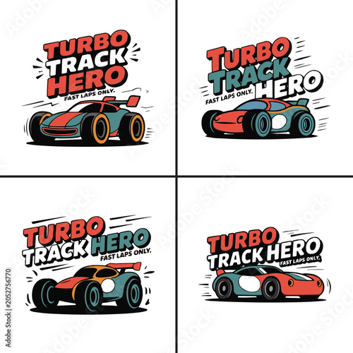 Four vibrant racing car illustrations with bold turbo track hero text