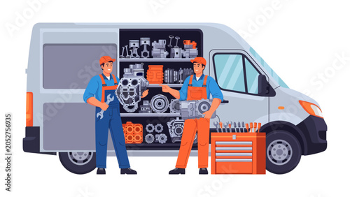 Foto Mobile Mechanic Service: Two mechanics in uniform stand beside a van filled with engine parts, ready to provide on-site vehicle repair and maintenance