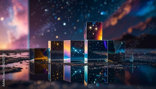 Iridescent Glass Cubes with Celestial Spark Reflections