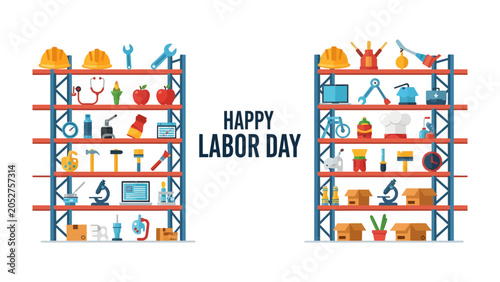 Foto Labor Day Celebration with Tools: A vibrant illustration depicting shelves filled with various tools and symbols representing different professions