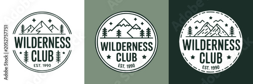 Three monochrome circular badges featuring mountain peaks and wilderness club text