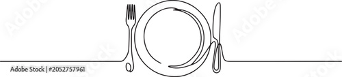 continuous line drawing of fork, plate, knife and spoon, Single line draw design vector