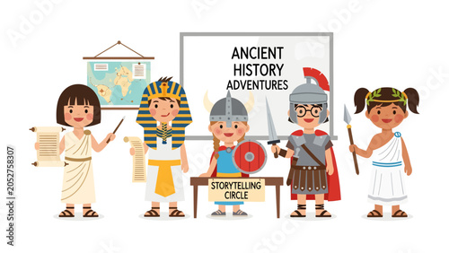 Fotografie Ancient History Adventures: Young children dress up as historical figures from ancient civilizations, engaging in an imaginative learning experience about past cultures and eras