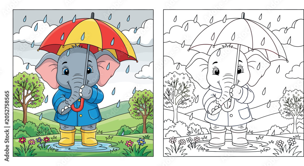 Naklejka premium Adorable Baby Elephant with Umbrella and Raincoat in Puddle - Cute Rainy Day Cartoon Illustration
