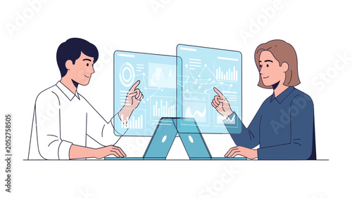 Картината върху платно Digital Collaboration: Two individuals interact with a transparent digital interface, analyzing data and graphs projected onto the screen, representing modern technology and data analysis